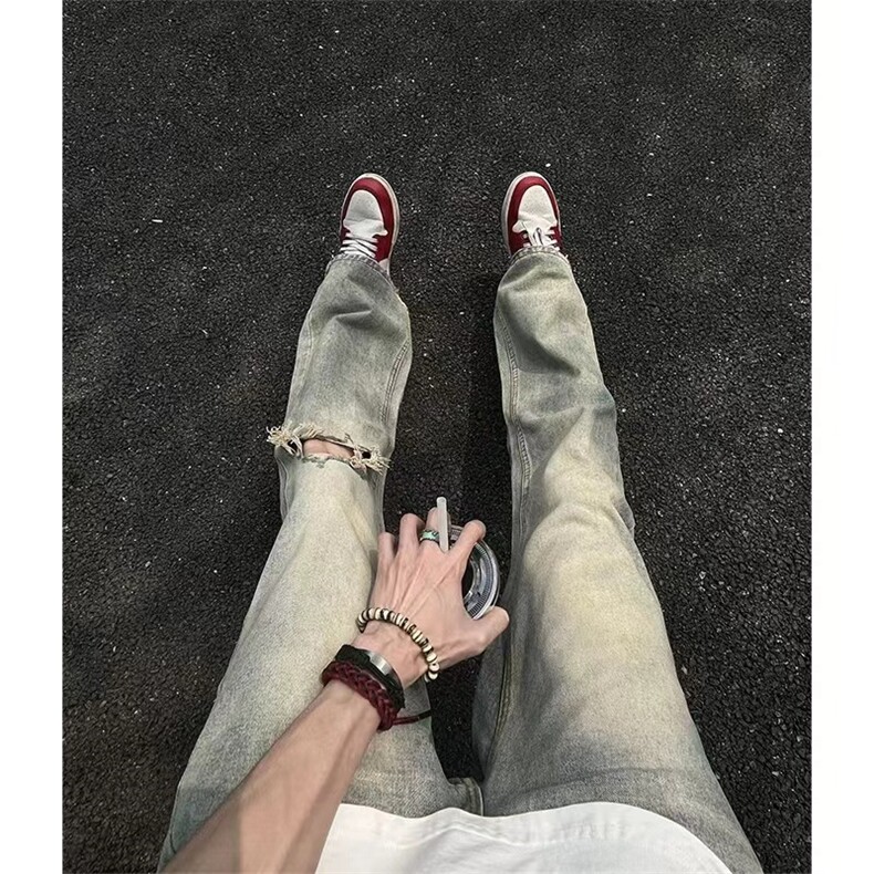 水洗泥黄破洞牛仔裤男直筒微喇cleanfit高街vibe裤子美式006P55,男装牛仔裤,电商D256A(原A064A)