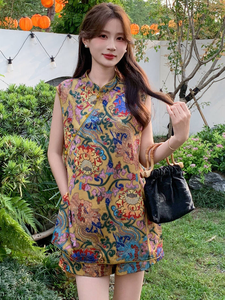 2025年夏季新款新中式古风高级感气质减龄无袖短裤两件套,女装套装/套裙,心心服饰