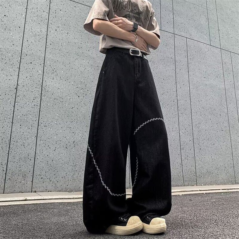 美式复古刺绣牛仔裤男女2025夏中性风设计感阔腿拖地裤RK2819-P59,男装牛仔裤,星座412-3