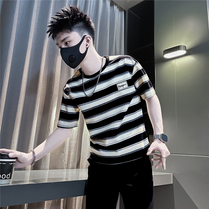 条纹短袖T恤男痞帅高级感社会小伙抖音直播301C-DT99-特P48控68,男装T恤,星座301C（原B323）