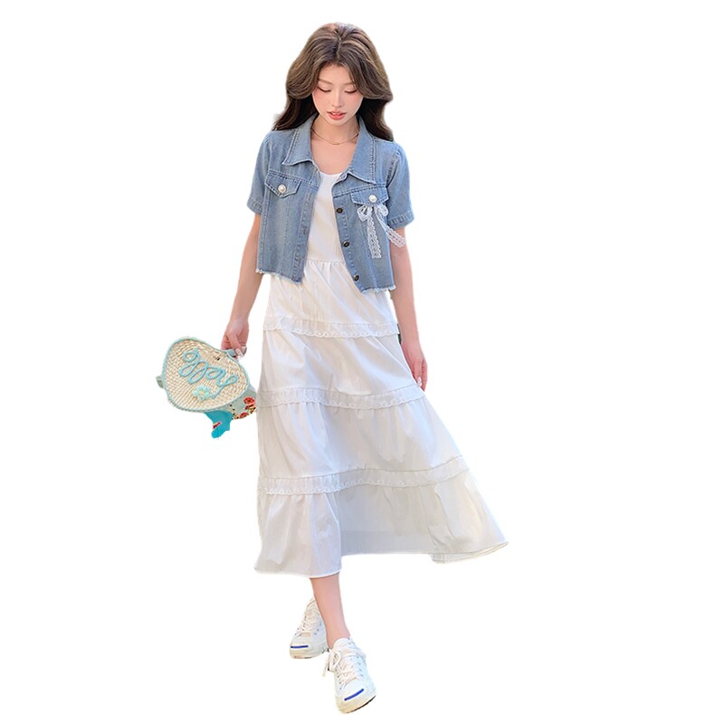 夏季吊带连衣裙牛仔短外套时尚两件套女,女装套装/套裙,秋水欣儿
