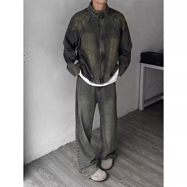 316-P67潮牌美式复古解构拼接牛仔外套男女宽松小众潮流高街夹克,男装工装外套,电商B323A