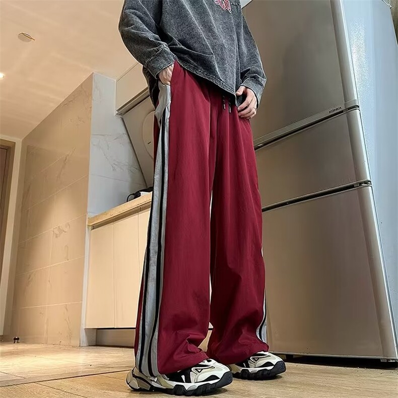 美式复古撞色拼接条纹运动长裤男ins潮牌酒红色直筒阔腿休闲裤子,男装休闲裤,四季星座218-1
