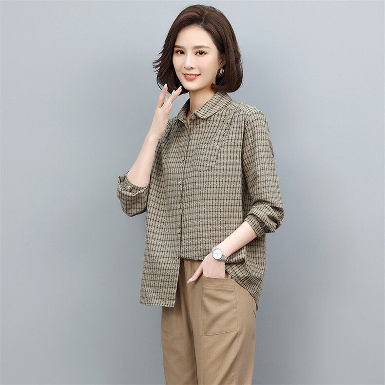 2025年春秋装新款潮小格子衬衫宽松显瘦韩版气质百搭衬衣女减龄,女装衬衫,独衣靓