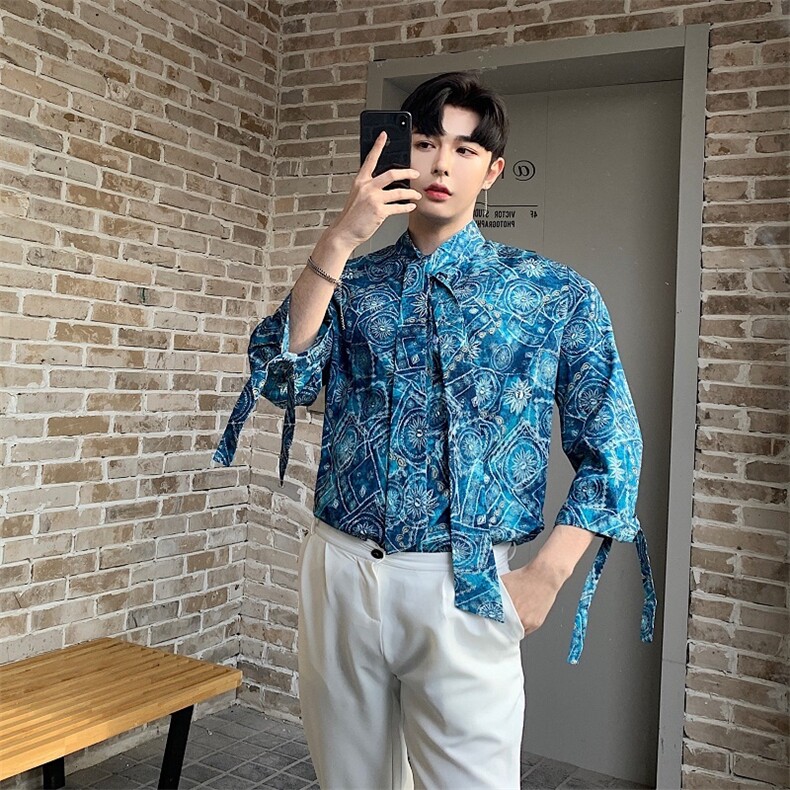 19原创男装蝴蝶结袖口飘带设计蓝色七分袖纯棉衬衣A,男装衬衫,电商A345