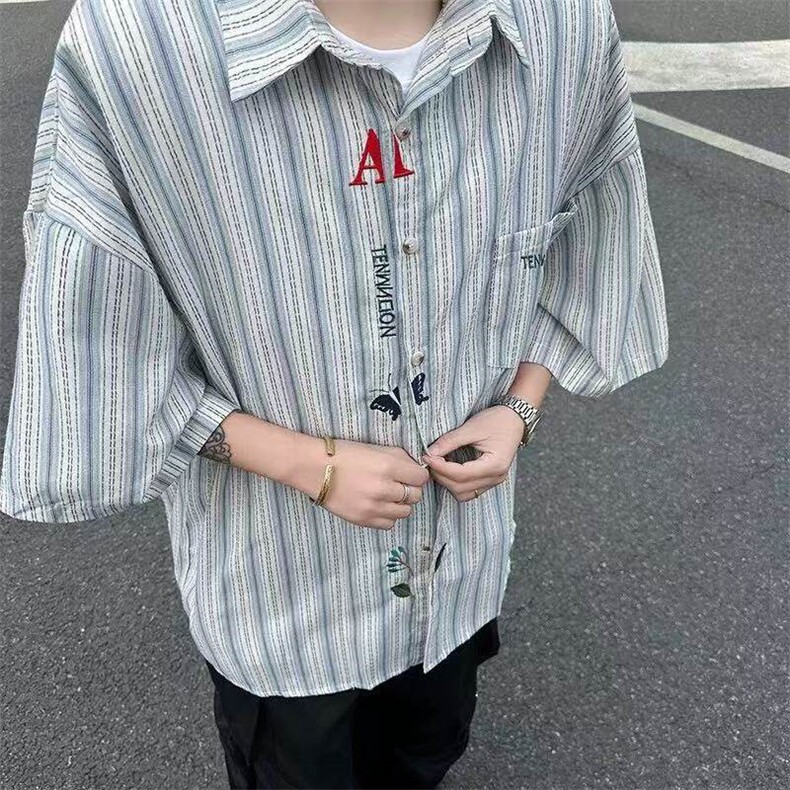 原布条纹刺绣短袖衬衣男春夏季薄款潮牌情侣高级宽松长袖防晒衬衫,男装衬衫,星座613