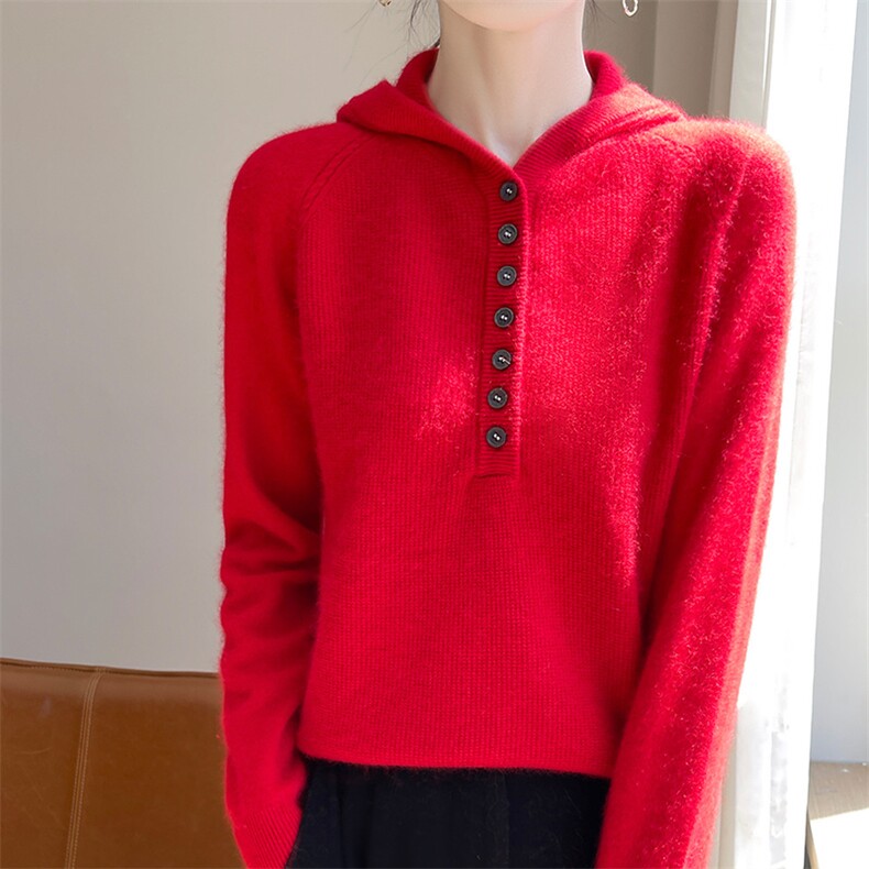 时尚百搭女士羊毛连帽衫七扣半开领宽松显瘦毛衣,女装羊毛衫,犀桦羊绒