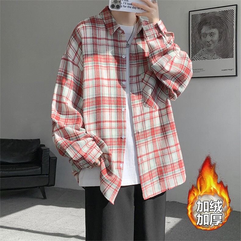 加绒衬衫男冬季新款港风宽松磨毛格子长袖衬衣JR02-特P35，男装衬衫，星座214-3