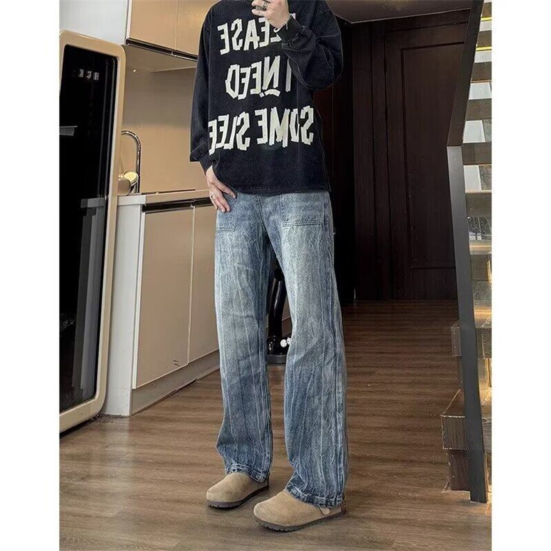 黑色美式复古闪电纹牛仔裤男女款cleanfit直筒裤子修身显瘦微喇裤图片