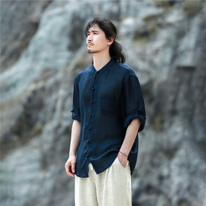 纯苎麻可翻卷七分袖风盘扣薄如蝉翼防蚊防晒衬衫CS01P90，男装防晒衣，星座704A（原B229A）