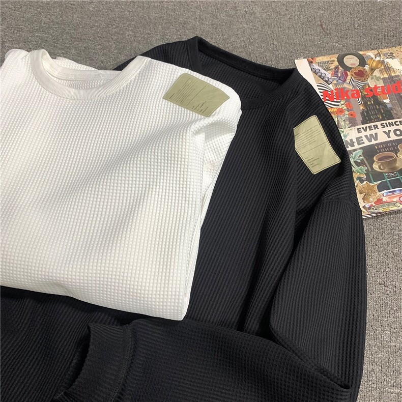 双面穿华夫格长袖T恤男女圆领口袋复古宽松休闲打底衫 D371 P30图片