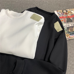 双面穿华夫格长袖T恤男女圆领口袋复古宽松休闲打底衫 D371 P30图片
