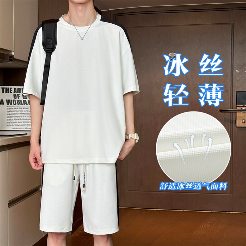 特批P55无差价夏季冰丝凉爽短袖T恤短裤男拼接撞色两件套装TZ302图片