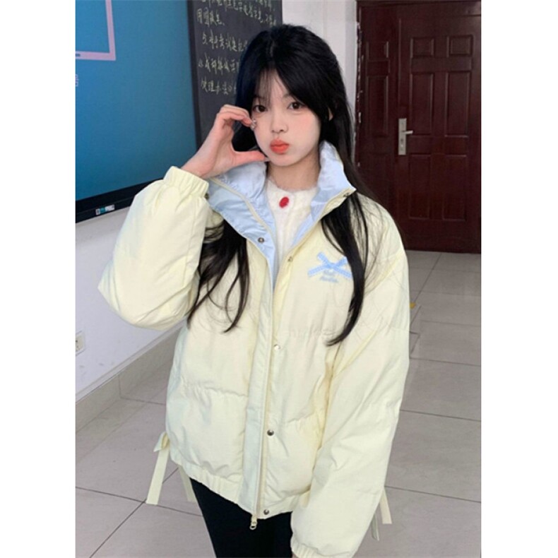 学院风甜美奶杏色蝴蝶结外套女冬季立领保暖面包服M7802,男装棉衣,星座1116A（原606A-3）