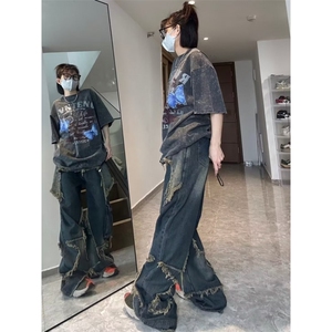 欧美潮牌男女秋冬季复古设计感贴布做旧直筒长裤S7725 P47图片
