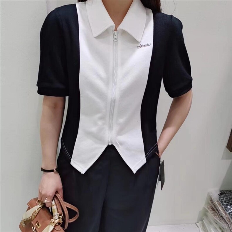 【现货】夏季新款拉链撞色T恤，女装T恤，简搭