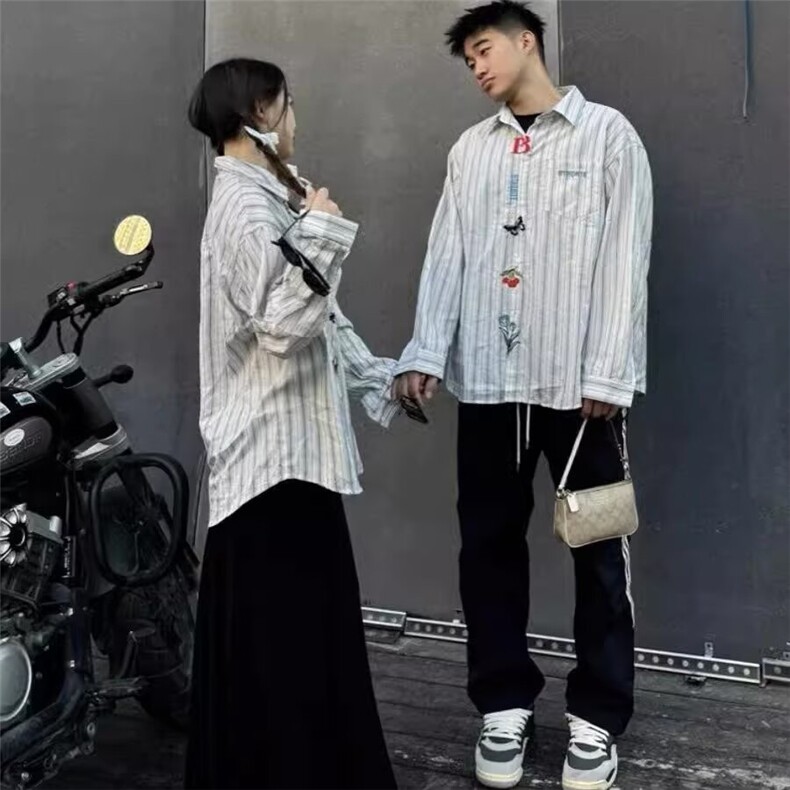 1506/QJ080/P46情侣文艺感刺绣长袖衬衫男女春秋季宽松百搭衬衣,男装衬衫,星座1506