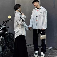 1506/QJ080/P46情侣文艺感刺绣长袖衬衫男女春秋季宽松百搭衬衣，男装衬衫，星座1506