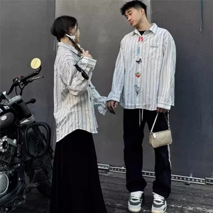 1506/QJ080/P46情侣文艺感刺绣长袖衬衫男女春秋季宽松百搭衬衣图片