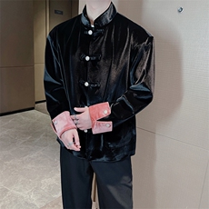 抖音新中式丝绒唐装外套男金属盘扣立领西装时尚夹克0077P140，男装夹克，电商B267