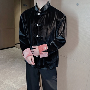 抖音新中式丝绒唐装外套男金属盘扣立领西装时尚夹克0077P140图片