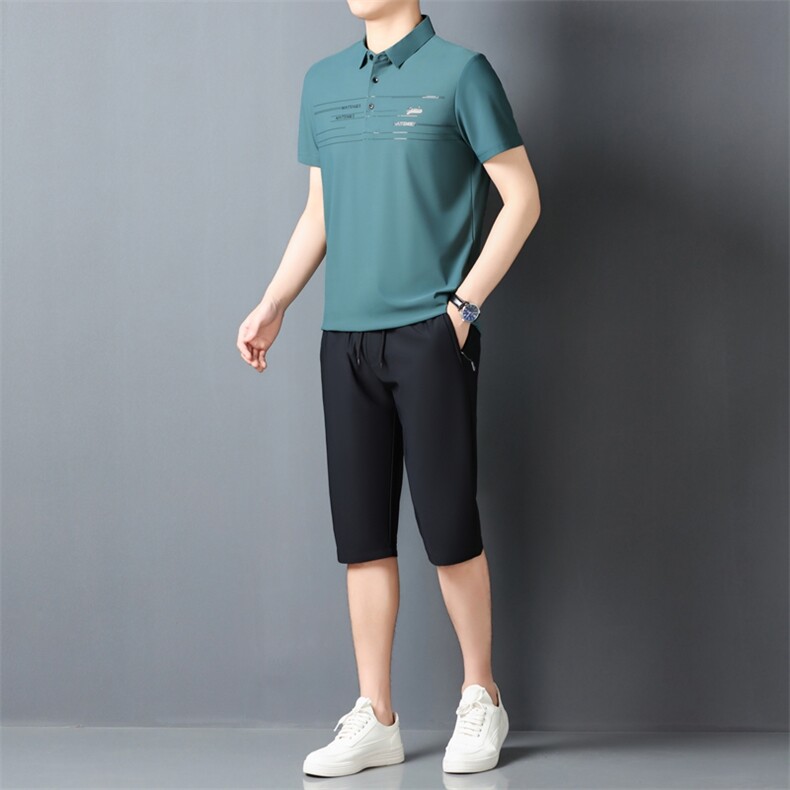 夏季男士短袖长裤套装POLO衫凉感透气翻领简约爸爸休闲冰丝套装,男装休闲套装,钱塘6003（原4033）