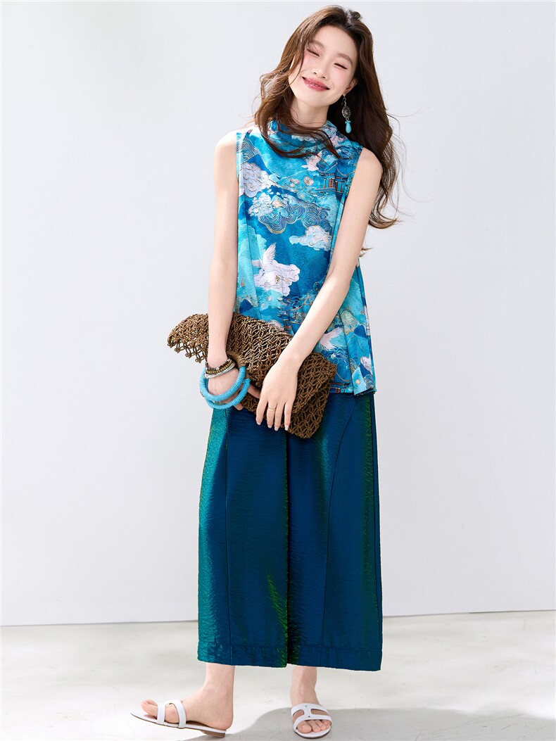 夏季新款现货！2026新中式洋气撞色印花上衣+宽松阔腿裤两件套装,女装套装/套裙,宝儿家