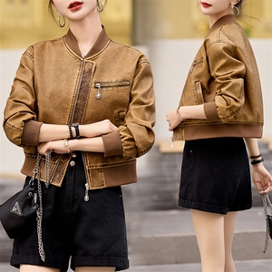 现货时髦做旧复古PU皮衣夹克外套女小个子2024新款短款立领机车服图片