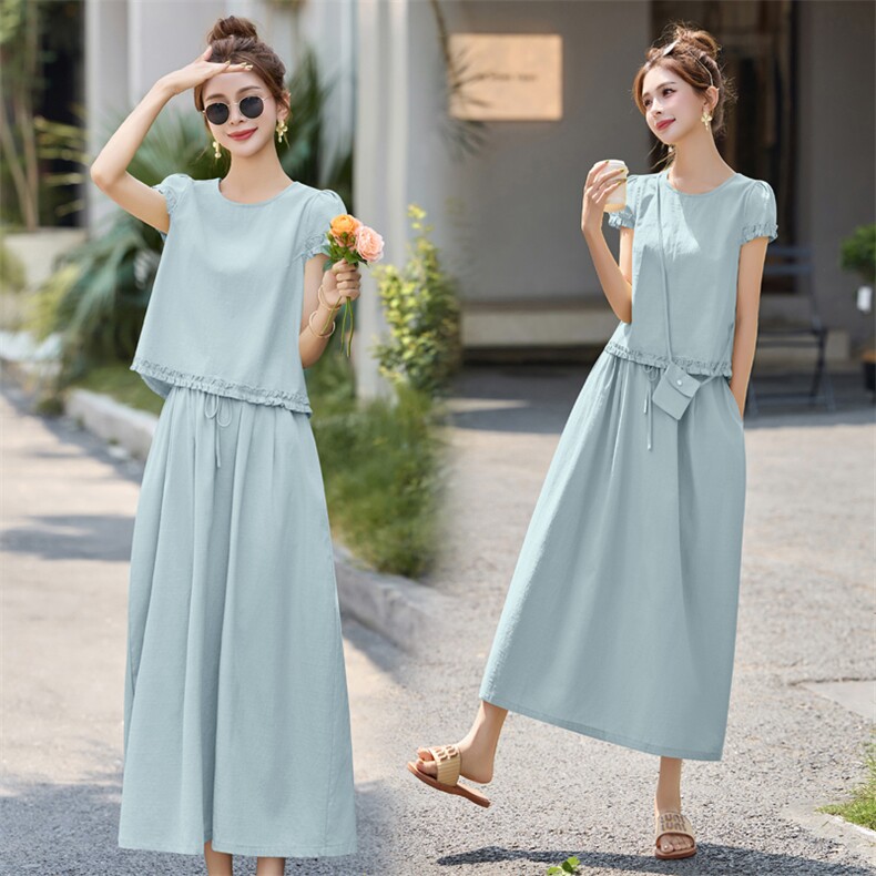 设计师时尚休闲套装女2025夏新款慵懒风减龄显瘦亚麻半身裙两件套，女装套装/套裙，木子恋