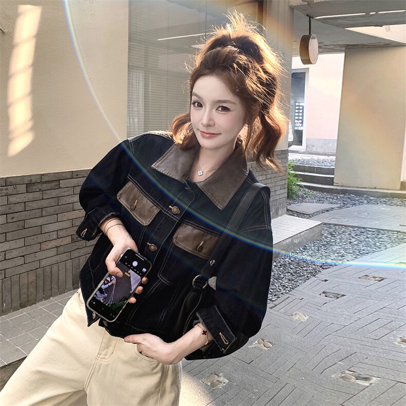 深蓝色复古PU皮翻领拼接牛仔外套女2025秋小个子气质休闲短款夹克,女装短外套,2C129