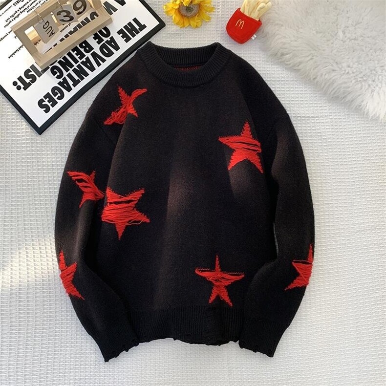 M505-特P55美式复古宽松潮牌圆领星星针织衫毛衣秋冬男女外套,男装针织衫/毛衣,电商D310B