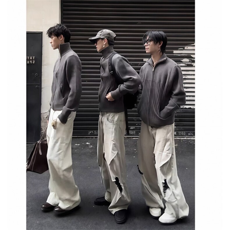 现货5千冬季美拉德正肩短款高领双拉链开衫毛衣冬季外套ZZS93P65,男装针织衫/毛衣,电商D256