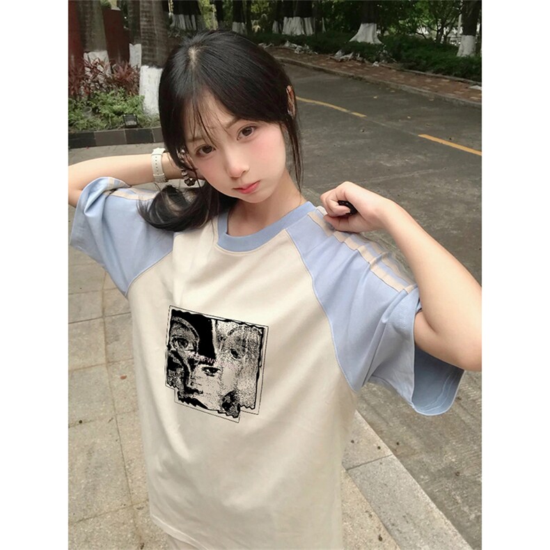 抖音得物品质二开240克宽松纯棉美式潮牌插肩三杠织带短袖T恤,男装T恤,电商A486