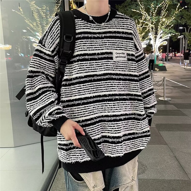 秋冬新款小众设计复古拼色条纹套头针织衫潮牌宽松慵懒风毛衣MY55图片
