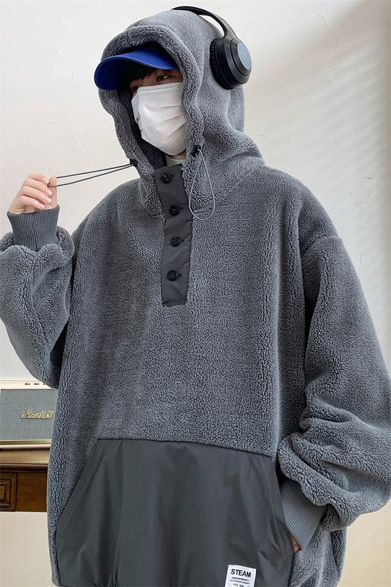 秋冬港风羊羔绒上衣潮加绒休闲连帽卫衣外套男女981-P90控价128,男装卫衣,电商A441-1