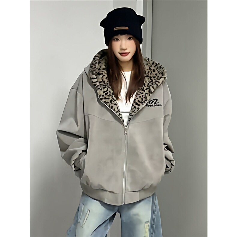 1506/QA2750/P75豹纹双面穿棉服连帽设计感男女冬季工装夹克棉衣,男装夹克,星座1506
