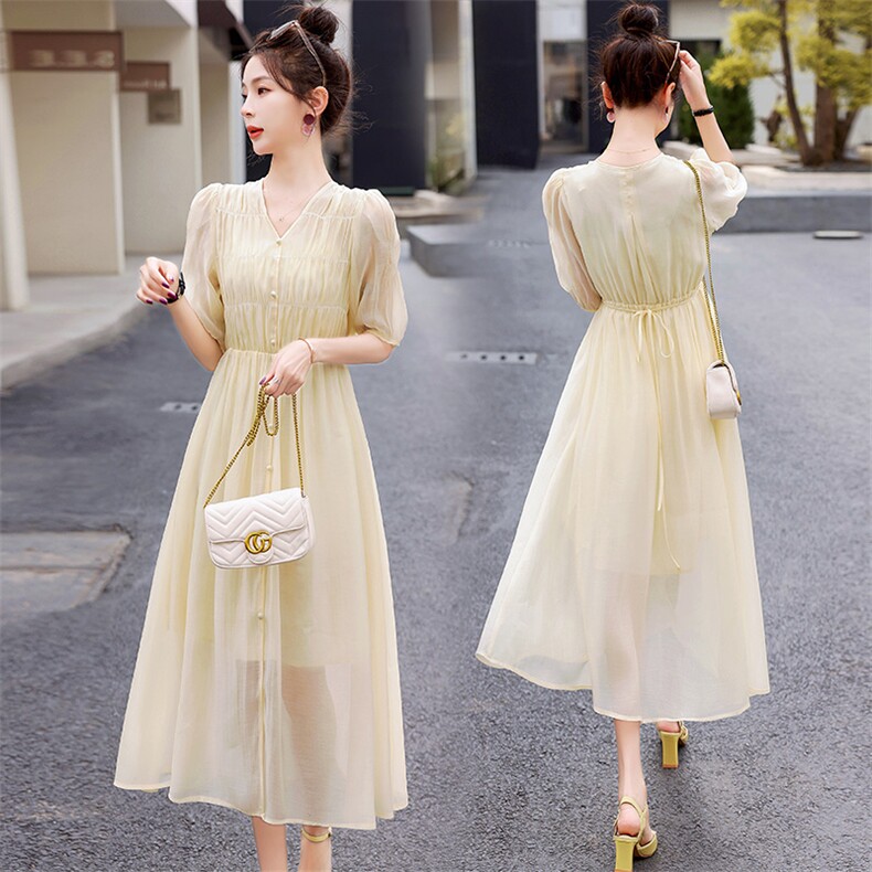 高级感雪纺连衣裙女夏季2025新款收腰显瘦气质遮肚a字温柔风裙子，女装连衣裙，众宇琦