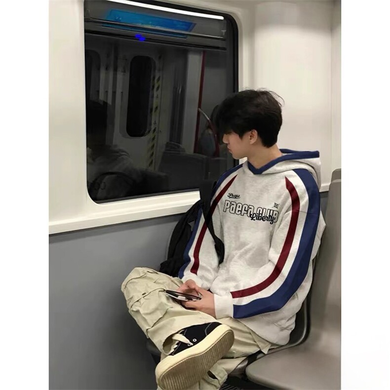 抖音得物秋装美式重磅全棉拼接撞色连帽卫印花衣外套A3201,女装短外套,电商A443
