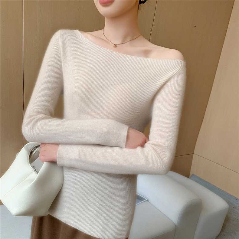 2025年秋季常规款通勤套头长袖斜肩一字领舒适时尚百搭，女装针织衫/毛衣，途瑞羊绒