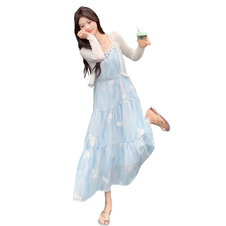 主推现货新款蓝色吊带配披肩连衣裙两件套P165-K245,女装套装/套裙,网红馆