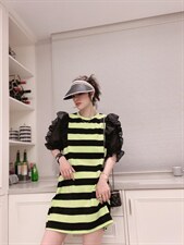 条纹拼袖连衣裙ＭL，女装连衣裙，可纳奇