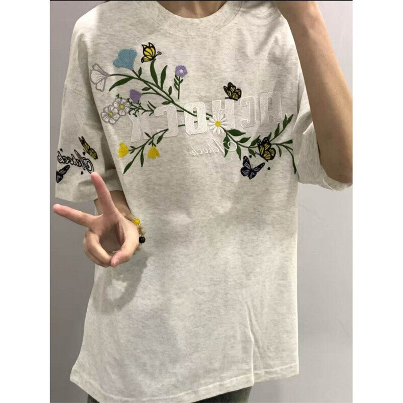 花卉刺绣230g纯棉夏季新款潮短袖t恤女学生上衣BT007-P32,男装T恤,星座412-3