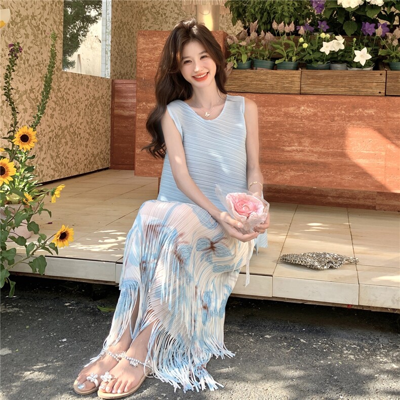 蓝色不规则设计感背心流苏半身裙两件套女2025夏新款高腰显瘦套装,女装套装/套裙,2C327
