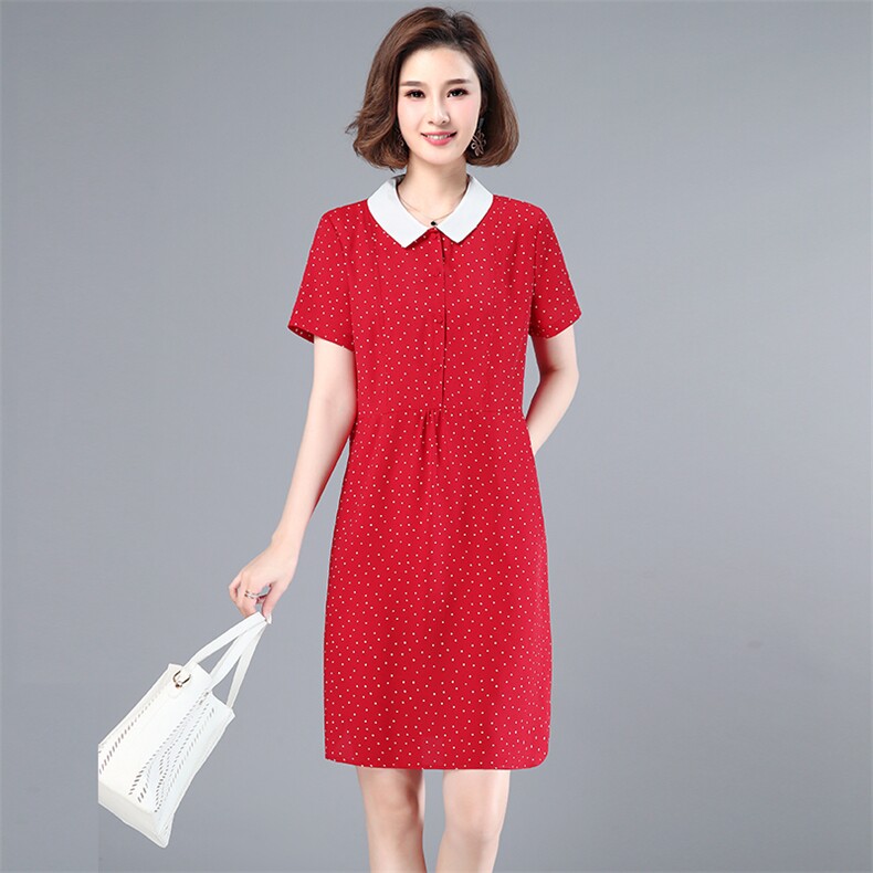 妈妈装中年大码娃娃领雪纺连衣裙女新韩版宽松40岁夏装洋气小个子，女装连衣裙，梦芯尔