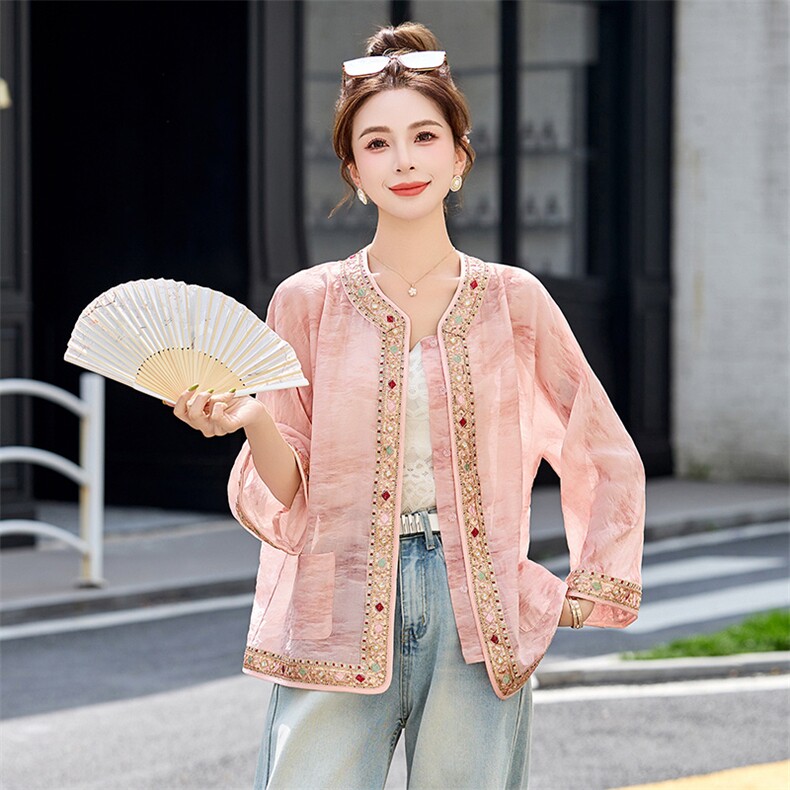 年轻款漂亮提花外套女中长款2025夏高端缎面减龄收腰显瘦上衣,女装短外套,韩宇舍