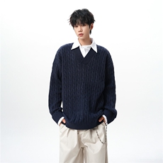 假两件衬衫领毛衣男秋冬宽松慵懒风韩系麻花针织衫外套MY19003P78，男装针织衫/毛衣，电商B312