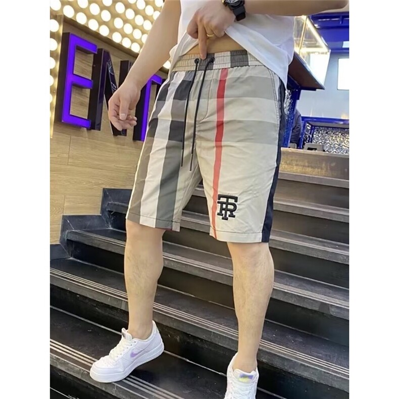 夏季冰丝薄款男士休闲短裤网红外穿潮流速干沙滩裤格子拼色五分裤,男装牛仔裤,星座1210-1