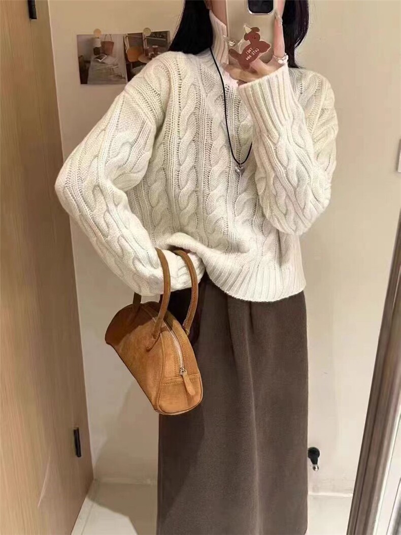 秋季新款舒适显瘦时尚百搭高领廓形麻花针织衫,女装羊毛衫,恒恩羊绒