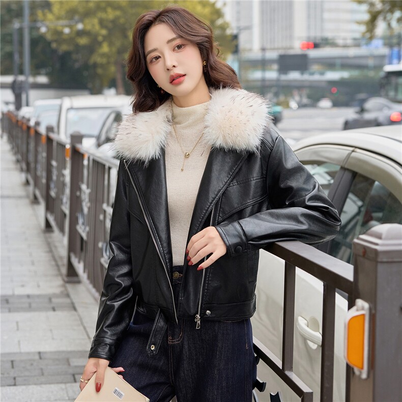 2025年冬季新款现货加绒保暖皮衣外套（毛领可脱卸）,女装皮衣,臻衣坊