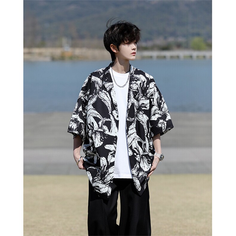 8XL-M冰丝凉感衬衣垂感透气复古花纹宽松男五分袖短袖衬衫CS526,男装衬衫,电商D206-1